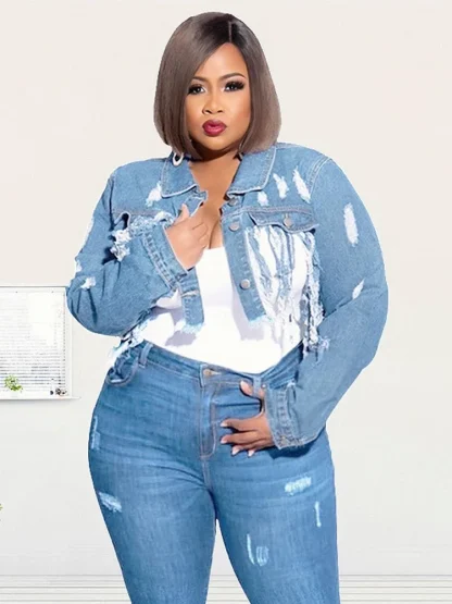 Tassel Plus Size Denim Jacket - Image 5