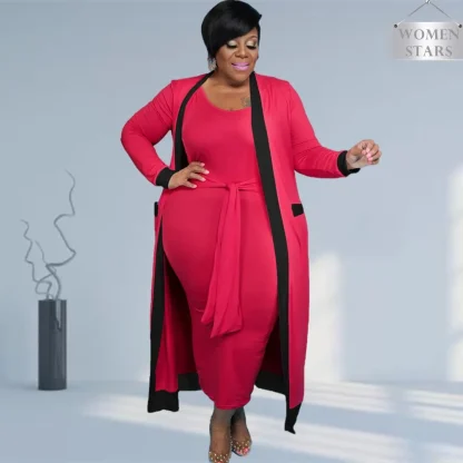 Plus Size Dress with Belt Coat - Image 2