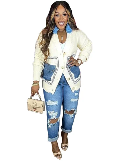 Patchwork Plus Size Sweater Coat - Image 5